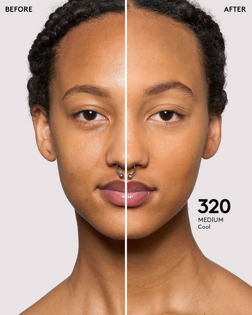 before and after of medium skin toned model in pro filt'r concealer