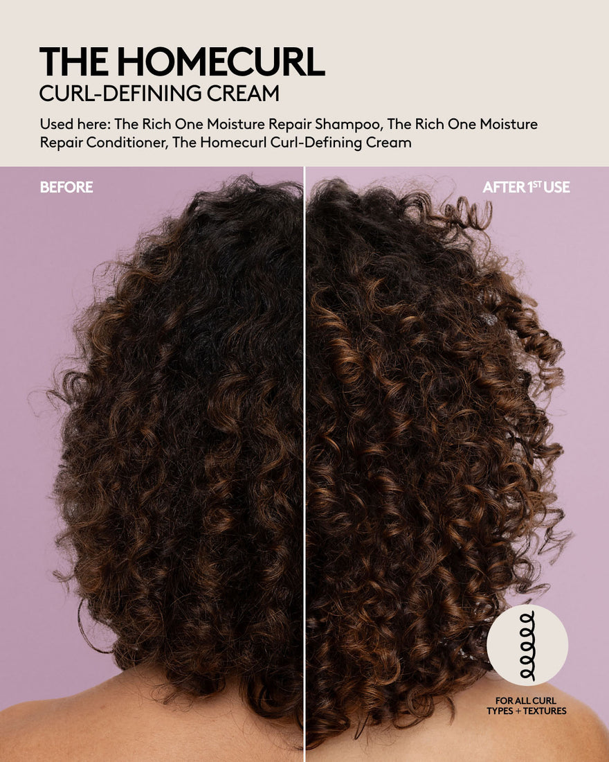 The Homecurl Curl-Defining Cream before and after results after one use on curly hair
